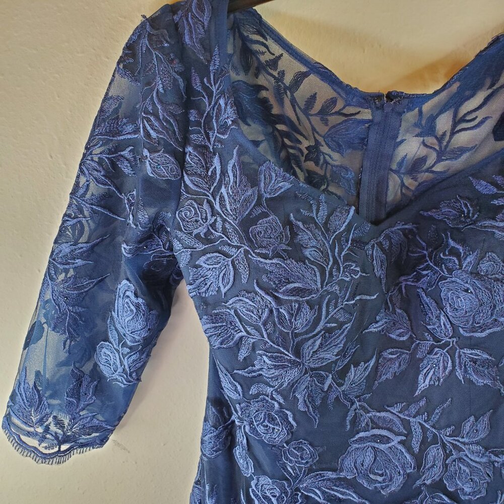La Femme Womens Navy Floral Embroidered Mesh A-Line Gown Sz 6 - Picture 5 of 11